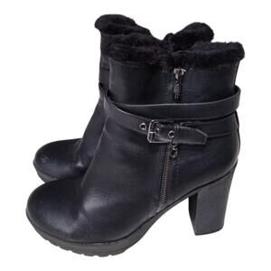 [H194] Guess Women's Black Vegan Faux Fur Lined Lug Sole High Heel Ankle Boots
